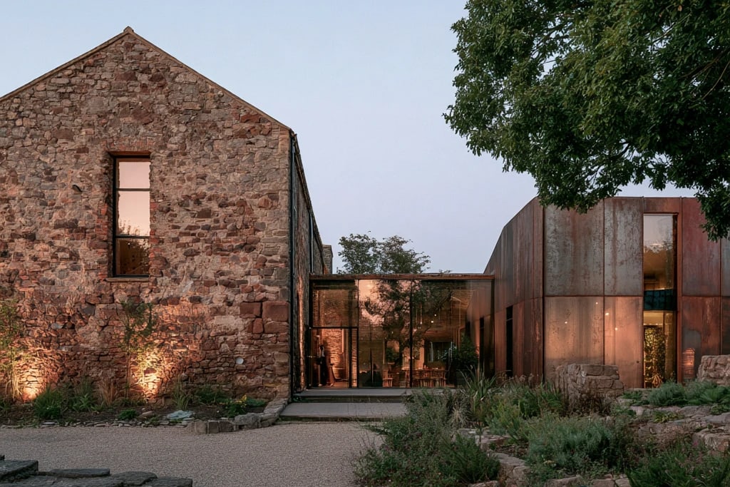 The stone mill at dusk, joined by a glass link to a weathered-steel wing, with gardens in front