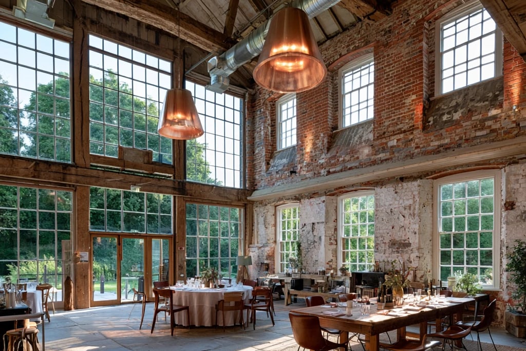 The Mill Hall set for dinner, with round tables and a long table under tall factory windows